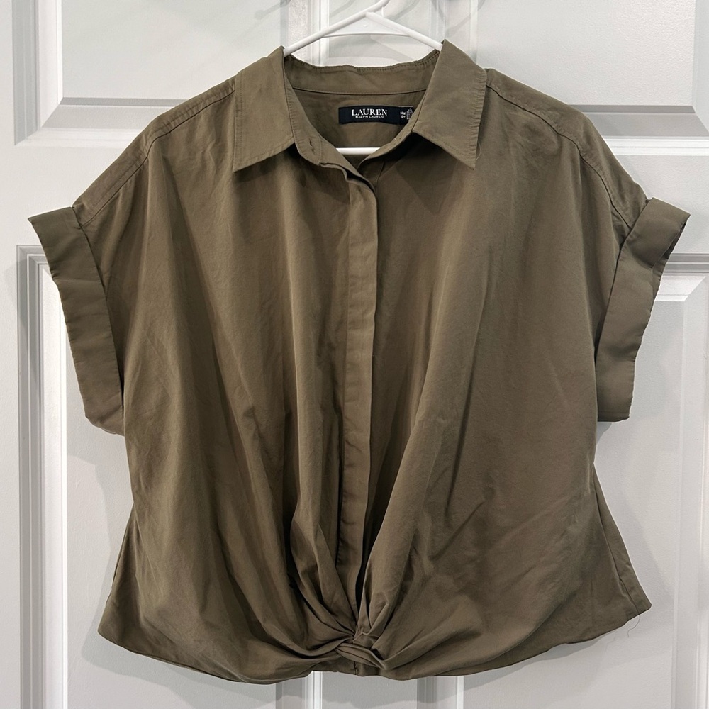 Lauren Ralph Lauren‎ Twist-Front Cotton Blouse Size 14W Olive Green Minimalist